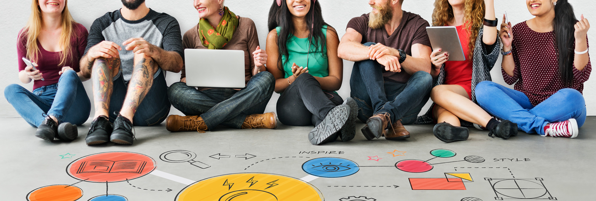 People sitting with ideas illustration